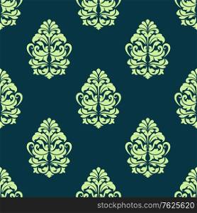 Damask style seamless pattern on dark green with a light green repeat floral motif suitable for wallpaper or fabric design in square format. Damask seamless floral pattern