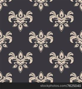 Damask style seamless pattern on grey with a cream colored repeat floral motif suitable for wallpaper, tiles and fabric design in square format