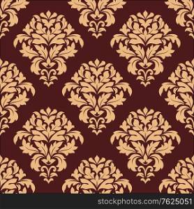 Damask style seamless pattern on maroon with a beige repeat floral motif suitable for wallpaper, tiles and fabric design in square format