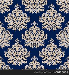 Damask style seamless pattern on navy blue with a beige repeat floral motif suitable for wallpaper, tiles and fabric design in square format