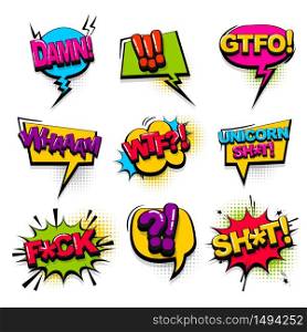Damn gtfo aggressive comic text collection sound effects pop art style. Set vector speech bubble with word and short phrase cartoon expression illustration. Comics book colored background template.. Comic text collection sound effects pop art style