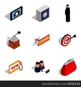Damsel icons set. Isometric set of 9 damsel vector icons for web isolated on white background. Damsel icons set, isometric style