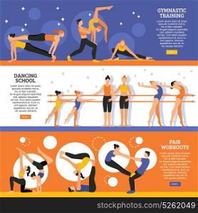 Dance And Gymnastic Training Banners Set. Horizontal flat banners set with dance school gymnastic training and exercises of acrobatic couple isolated vector illustration