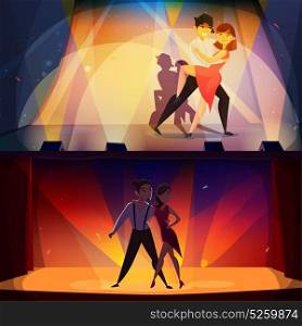 Dance Banners Set Retro Cartoon . Salsa and tango onstage 2 retro cartoon banners with dancing pairs in spotlights nostalgic poster isolated vector illustration