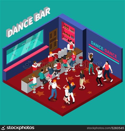 Dance Bar Isometric Composition. Dance bar isometric composition with bartenders working behind bar counter and young dancing people vector illustration