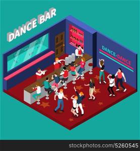 Dance Bar Isometric Composition. Dance bar isometric composition with bartenders working behind bar counter and young dancing people vector illustration
