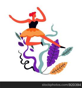 Dance class of woman, lady practicing ballet ballerina dancing vector. Person having hobby, professional dancer, female wearing clothes for performance. Foliage and leaves decoration surrounding. Dance class of woman, lady practicing ballet ballerina