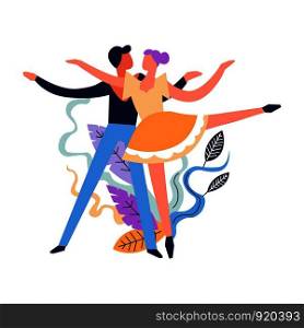 Dance classes, dancing pair hobby of man and woman vector. Pastime of people, romantic activity of couple, partners in movements, learning new styles and techniques. Foliage and leaves decor. Dance classes, dancing pair hobby of man and woman