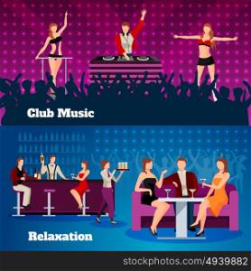 Dance Club 2 Flat Banners Set. Night club dancing show with cocktail bar bar and dj 2 flat festive banners isolated vector illustration