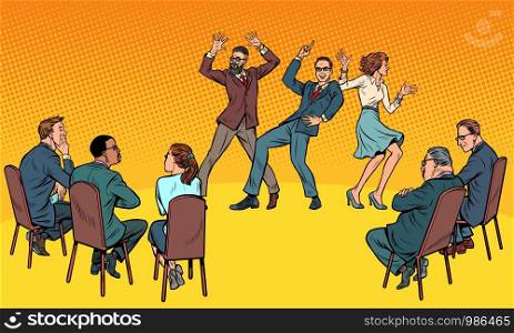 Dance competition. Dancing people and jury. Pop art retro vector illustration drawing. Dance competition. Dancing people and jury
