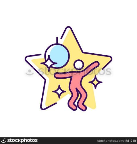 Dance competition show RGB color icon. Dancer star performance. Night club event. Nightlife fun and entertainment. Club music. Isolated vector illustration. Simple filled line drawing. Dance competition show RGB color icon