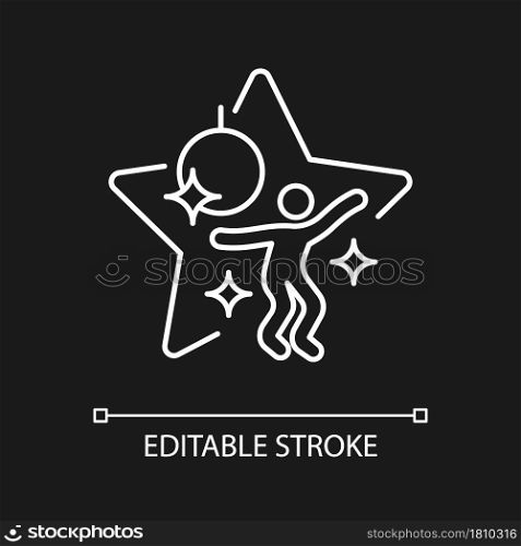 Dance competition show white linear icon for dark theme. Dancer star performance. Night club event. Thin line customizable illustration. Isolated vector contour symbol for night mode. Editable stroke. Dance competition show white linear icon for dark theme