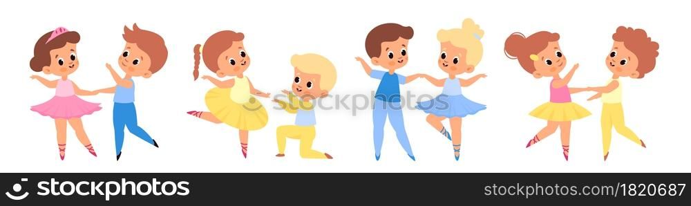 Dance kids couples. Young ballet dancers, boys and girls in tutus and pointe shoes, different poses, funny ballerinas partners. Hobby studio and art class collection. Vector cartoon flat isolated set. Dance kids couples. Young ballet dancers, boys and girls in tutus and pointe shoes, different poses, funny ballerinas partners. Art class collection. Vector cartoon flat isolated set