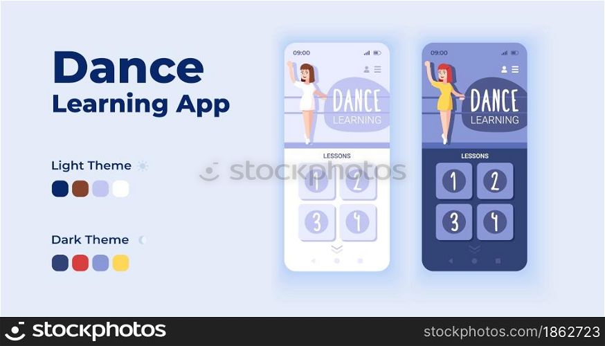 Dance learning app cartoon smartphone interface vector templates set. Mobile app screen page day and dark mode design. Online dance classes UI for application. Phone display with flat character. Dance learning app cartoon smartphone interface vector templates set