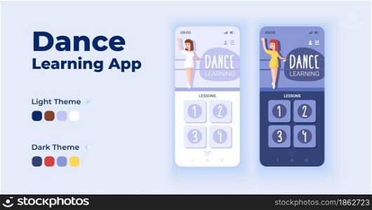 Dance learning app cartoon smartphone interface vector templates set. Mobile app screen page day and dark mode design. Online dance classes UI for application. Phone display with flat character. Dance learning app cartoon smartphone interface vector templates set
