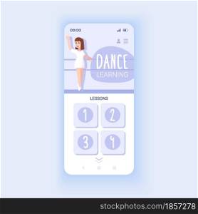 Dance learning app smartphone interface vector template. Mobile app page design layout. Step-by-step instructions. Online dance classes screen. Flat UI for application. Phone display. Dance learning app smartphone interface vector template