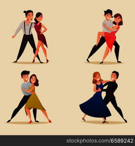 Dance pairs 4 retro cartoon icons set with waltz tango and salsa styles moves isolated vector illustration . Dance Pairs Retro Cartoon Set