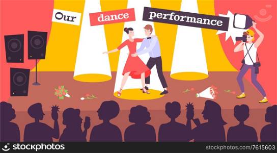 Dance performance in ballroom with guy and girl dancing on auditorium scene in front of audience flat vector illustration
