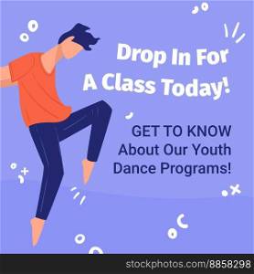 Dance program for learning and studying in studio. Practice movements and get to know new movements. Drop in class today. Lessons for adults and beginners, promotional banner. Vector in flat style. Drop in class today, dance program and training
