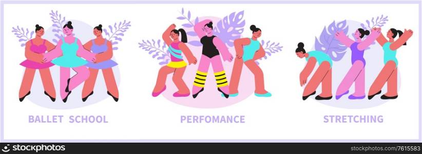 Dance school isolated compositions of ballet school performance and stretching flat vector illustration