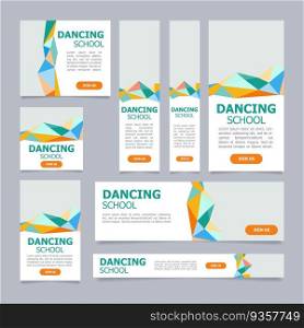 Dance school trainings presentation web banner design template. Vector flyer with text space. Advertising placard with customized copyspace. Printable poster for advertising. Tahoma font used. Dance school trainings presentation web banner design template