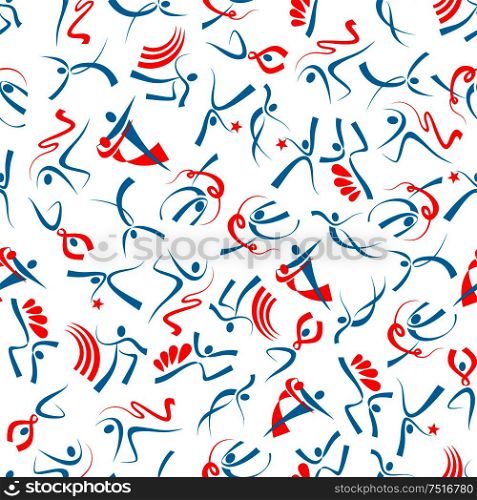 Dance sport and rhythmic gymnastics seamless pattern with silhouettes of dancing sportsmen, composed of swirling blue and red ribbons over white background. Sporting competition and ballroom dancing event theme. Gymnastics seamless pattern with dancing peoples