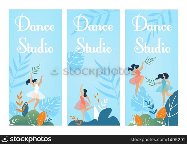 Dance Studio Invitation Flyer Set in Nature Design. Cartoon Female Dancers Characters in Elegant Dresses Moving with Plant Leaves over Tropical Foliage on Blue Backdrop. Vector Flat Illustration. Dance Studio Invitation Flyer Set in Nature Design