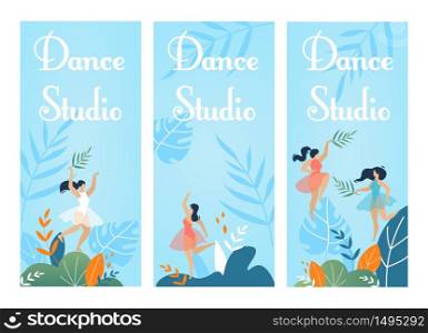 Dance Studio Invitation Flyer Set in Nature Design. Cartoon Female Dancers Characters in Elegant Dresses Moving with Plant Leaves over Tropical Foliage on Blue Backdrop. Vector Flat Illustration. Dance Studio Invitation Flyer Set in Nature Design