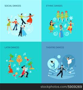 Dance styles Flat Concept. Social ethnic latin and theatre dances flat style 4 posters concept isolated vector illustration