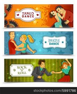 Dance Vintage Horizontal Flat banners Set. Tango hustle rock and roll dance 3 horizontal flat retro disco banners set abstract isolated vector illustration