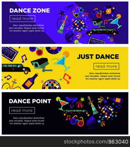 Dance zone promotional bright Internet posters templates set. Night club web pages with long limousine, big hookah, disco ball and alcohol drinks in bottles and glasses cartoon vector illustrations.. Dance zone promotional bright Internet posters templates set