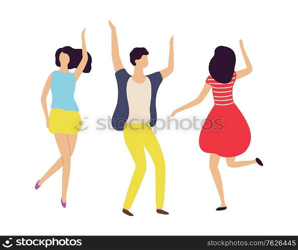 Dancer isolated on white, back and portrait view of moving girl and boy, man and woman full length, energetic crowd on concert or dance floor vector. Flat cartoon. Dance Entertainment, Man and Woman Moving Vector