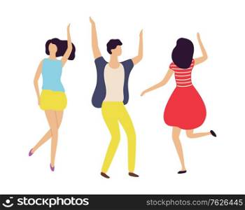 Dancer isolated on white, back and portrait view of moving girl and boy, man and woman full length, energetic crowd on concert or dance floor vector. Flat cartoon. Dance Entertainment, Man and Woman Moving Vector