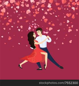 Dancers man and woman, Valentine day. Cartoon character couple dancing vector. Card decorated by hearts, girl in dress and man in suit, romantic dance vector. Valentine Romantic Dance of Man and Woman Vector