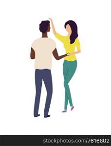 Dancers moving in pair, man and woman holding hands and dancing, back and portrait view of girl and boy, energetic people on dance floor, couple vector. People Dance in Pair, Moving Man and Woman Vector