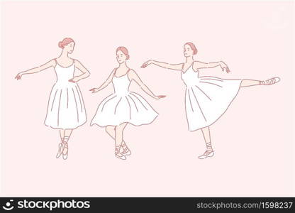 Dancing, ballet, teaching set concept. Young woman is russian ballet dancer. Graceful girl is being taught ballet. Cheerful female ballerina loves dancing and doing perfomance. Simple flat vector.. Dancing, ballet, teaching set concept