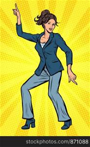 Dancing business woman. Disco dance club music. Pop art retro vector illustration drawing. Dancing business woman. Disco dance club music