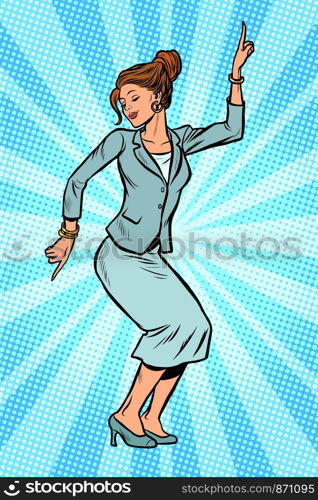 Dancing business woman. Disco dance club music. Pop art retro vector illustration drawing. Dancing business woman. Disco dance club music