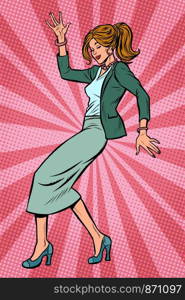 Dancing business woman. Disco dance club music. Pop art retro vector illustration drawing. Dancing business woman. Disco dance club music