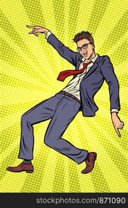 Dancing businessman. Disco dance club music. Pop art retro vector illustration drawing. Dancing businessman. Disco dance club music