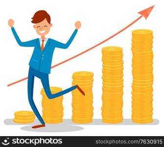 Dancing businessman in blue suit with red tie. Investment financial concept, increasing capital and profits. Wealth and savings with characters. Vector illustration in flat cartoon style. Happy Dancing Businessman Financial Growth Vector