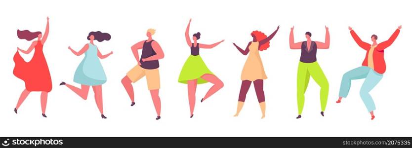 Dancing characters, young people dance at party or club. Friends having fun and celebrating together, men and women dancers vector set. Boys and girls spending leisure time with joy. Dancing characters, young people dance at party or club. Friends having fun and celebrating together, men and women dancers vector set
