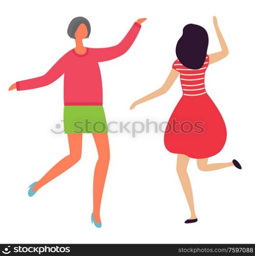 Dancing cheerful ladies back and front view flat style isolated. Vector female dancers dancing in club, person wearing red dress, clubbing females in nightclub. Dancing Cheerful Ladies Back Front View Flat Style