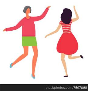 Dancing cheerful ladies back and front view flat style isolated. Vector female dancers dancing in club, person wearing red dress, clubbing females in nightclub. Dancing Cheerful Ladies Back Front View Flat Style