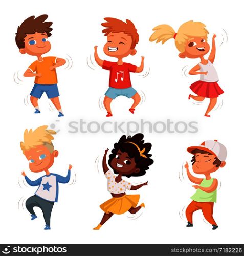 Dancing childrens male and female. Set vector characters. Childhood children, young kids boy and girl dance illustration. Dancing childrens male and female. Set vector characters
