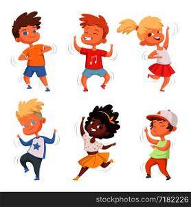 Dancing childrens male and female. Set vector characters. Childhood children, young kids boy and girl dance illustration. Dancing childrens male and female. Set vector characters