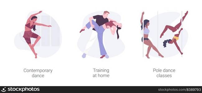 Dancing classes isolated cartoon vector illustrations set. Contemporary dance, training at home alone, pole dance classes, physical activity, professional performance vector cartoon.. Dancing classes isolated cartoon vector illustrations set.