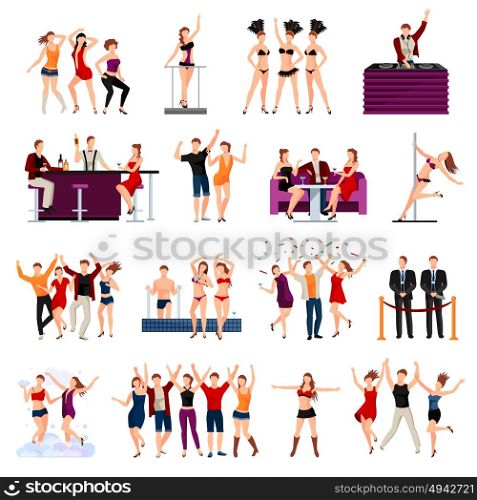 Dancing Club People Flat Icons Set. Dancing night club sexy girls strip show and alcohol cocktails drinks flat icons collection isolated vector illustration