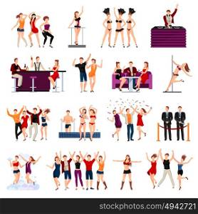 Dancing Club People Flat Icons Set. Dancing night club sexy girls strip show and alcohol cocktails drinks flat icons collection isolated vector illustration