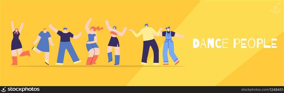 Dancing Clubbing People. Night Club Disco Party Musical Festival Concert Audience Text Banner. Flat Style Vector Illustration Fancy Hangout Cartoon Crowd. Advertising Poster Music Fest Dance Marathon. Dance People Club Party Festival Banner Flat Style